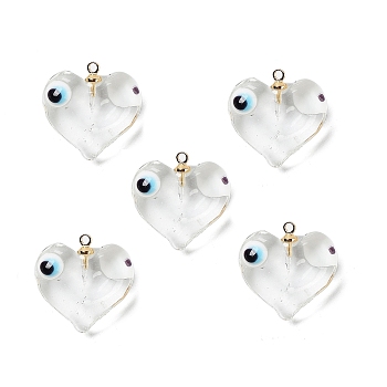 Handmade Evil Eye Lampwork Pendants, with Light Gold Tone Brass Findings, Long-Lasting Plated, Lead Free & Cadmium Free, Heart Charm, Clear, 19x17.5~18.5x8.5~9mm, Hole: 1.4mm