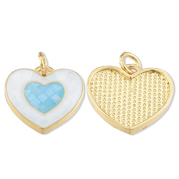 Brass Enamel Pendants, with Jump Rings and Shell, Real 18K Gold Plated, Nickel Free, Heart, Light Sky Blue, 15x16x3.5mm, Jump Ring: 5x1mm, 3mm inner diameter