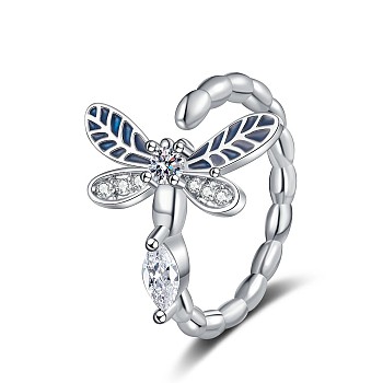 Dragonfly Brass Micro Pave Clear Cubic Zirconia Cuff Rings for Women, with Enamel, Platinum, US Size 6(16.5mm)