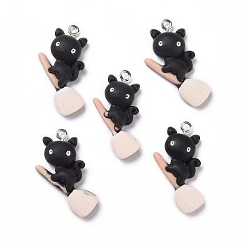 Halloween Opaque Resin Pendants, with Platinum Tone Iron Loops, Cat, Black, 31x18x6mm, Hole: 2mm