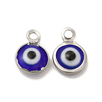 304 Stainless Steel with Glass Enamel Charms, Stainless Steel Color, Flat Round with Evil Eye Pattern, Medium Blue, 9.5x6.5x2.5mm, Hole: 1.6mm