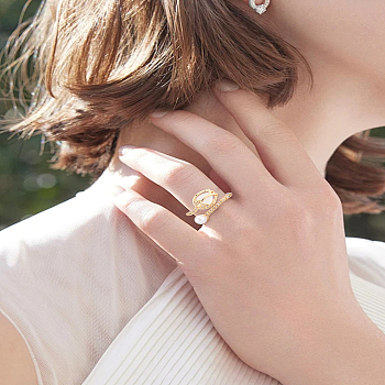 1Pc Brass Micro Pave Clear Cubic Zirconia Cuff Rings, Rose, Open Rings, with ABS Plastic Imitation Pearl and Cat Eye, Nickel Free, Real 16K Gold Plated, Inner Diameter: 17mm
