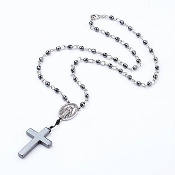 Non-magnetic Synthetic Hematite Pendant Necklaces, Rosary Bead Necklaces for Easter, Cross and Oval with Virgin, 20 inch(51cm), Packing Size: 92x61x29mm