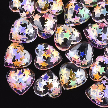 Resin Cabochons, with Paillette, Heart, Colorful, 11.5x12x4~4.5mm