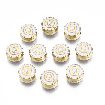 Alloy Enamel Beads, Cadmium Free & Lead Free, Light Gold, Flat Round with Alphabet, White, Letter.Q, 8x4mm, Hole: 1.5mm