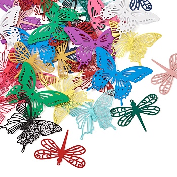 30Pcs 15 Style Spray Painted 430 Stainless Steel Pendants, Etched Metal Embellishments, Butterfly & Dragonfly, Mixed Color, 31x40x0.3mm, Hole: 1.2mm, 2pcs/style