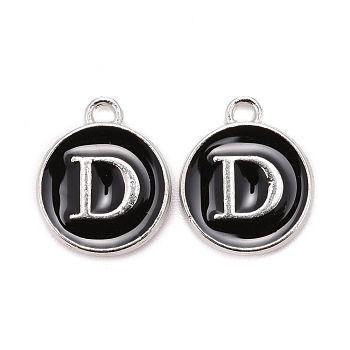 Platinum Plated Alloy Charms, Cadmium Free & Lead Free, with Enamel, Enamelled Sequins, Flat Round with Letter, Letter.D, 14x12x2mm, Hole: 1.5mm