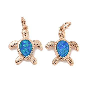 Synthetic Opal Pendants, Rack Plating Brass Turtle Charms with Jump Rings, Cadmium Free & Lead Free, Long-Lasting Plated, Rose Gold, 16.5x13.5x2mm, Hole: 3mm