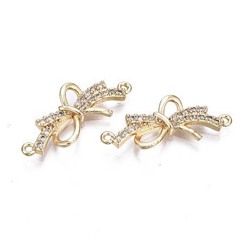 Brass Micro Pave Clear Cubic Zirconia Links Connectors, Bowknot, Real 18K Gold Plated, 10x24x3mm, Hole: 1mm