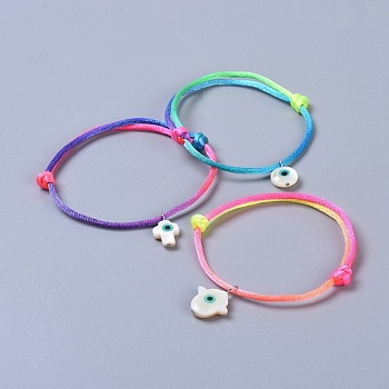 Adjustable Nylon Cord Bracelet Sets, with Freshwater Shell Beads, Hamsa Hand & Evil Eye & Cross, Colorful, 1-3/4 inch~3-3/8 inch(4.5~8.5cm), 3pcs/set