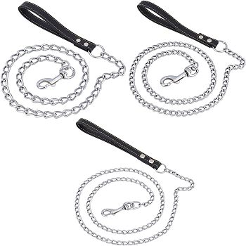 CHGCRAFT 3Pcs 3 Style Iron Curb Chains & PU Leather Handles Ropes, Pet Collar Traction Rope, Platinum, 1230~1247x7~19mm, 1pc/style