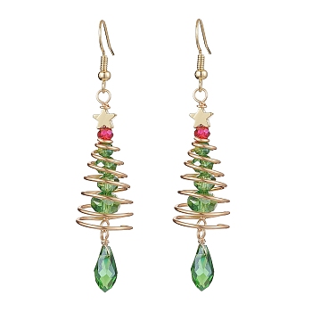 Copper Wired Glass Dangle Earrings, with 304 Stainless Steel Earring Hooks, Christmas Tree, Lime Green, 69.5x15mm