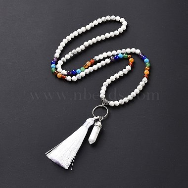 Natural Howlite Bullet & Tassel Pendant Necklace with Mixed Gemstone Beaded Chains(NJEW-E585-02H)-3