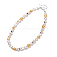 Natural Pearl Beaded Necklace, Handmade Flower Millefiori Glass Beads Necklace for Women, Silver, Goldenrod, 15.94 inch(40.5cm)(NJEW-TA00018-01)