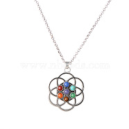 Natural & Synthetic Mixed Stone Beaded Pendant Necklace, Chakra Yoga Theme Alloy Jewelry for Women Men, Flower, 25.98 inch(66cm), Pendant: 38x32mm(CHAK-PW0001-011D)