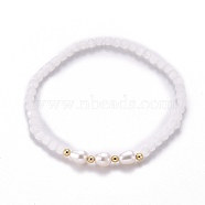 Faceted Glass Beaded Stretch Bracelets, with Natural Pearl Beads and Golden Plated Brass Beads, White, Inner Diameter: 2-1/4 inch(5.7cm)(BJEW-JB05486-02)