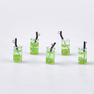 Glass Bottle Pendants, with Resin, Plastic and Iron Findings, Fruit Tea Charms, Platinum, Green Yellow, 25~28x10mm, Hole: 1.8mm(X-CRES-N017-06F)