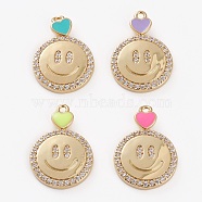 Brass Micro Pave Cubic Zirconia Pendants, with Enamel, Flat Round Smilimg Face, Golden, Mixed Color, 20x15x2.5mm, Hole: 1.4mm(ZIRC-H115-09G)