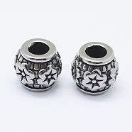316 Surgical Stainless Steel European Beads, Large Hole Beads, Rondelle with Flower, Antique Silver, 10.5x10mm, Hole: 5mm(STAS-O102-02AS)