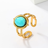 Real 18K Gold Plated Stainless Steel Open Cuff Rings, with Synthetic Turquoise, Oval, no size(XN6423-1)