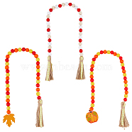 Natural Wood Beaded Pendant Decorations with Tassel Hemp Rope, for Halloween Party Decoration, Pumpkin & Maple Leaf, Mixed Color, 690~850mm, 3pcs/set(HJEW-AB00040)