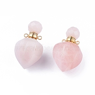 Faceted Natural Rose Quartz Openable Perfume Bottle Pendants, with 304 Stainless Steel Findings, Peach Shape, Golden, 35~36x18~18.5x21~21.5mm, Hole: 1.8mm, Bottle Capacity: 1ml(0.034 fl. oz)(G-P435-A-01G)