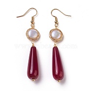 Natural Agate Dangle Earrings, with Brass Findings and Pearl, teardrop, Golden, Dark Red, 71~72mm, Pin: 0.7mm(EJEW-L218-19F)