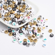 Acrylic Beads, Flat Round with Letter, Mixed Style, Mixed Color, 7x3.5mm, Hole: 1mm(MACR-MSMC002-04)