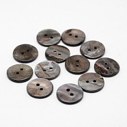 2-Hole Flat Round Shell Buttons, Black, 15x2mm, Hole: 1.5mm, about 500pcs/bag(SHEL-P012-27)