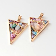 Dyed Triangle Golden Tone Brass Natural Crystal Pendants, 44x30.5x7mm, Hole: 7x4mm(G-M245-01)