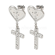 Heart with Cross 304 Stainless Steel Dangle Stud Earrings, with Crystal Rhinestone, Stainless Steel Color, 44x16.5mm(EJEW-K269-02P)