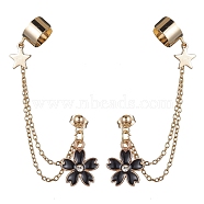 Light Gold 304 Stainless Steel Cuff Earring Chains with Rhinestone, Star & Flower Alloy Enamel Dangle Stud Earrings Crawler Earrings, Black, 78mm(EJEW-JE05684-01)