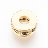 Brass Micro Pave Cubic Zirconia Beads, Flat Round, Black, Real 18K Gold Plated, 7x3mm, Hole: 2.5mm(ZIRC-F088-037G)