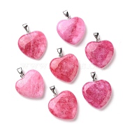 Natural Quartz Pendants, Heart Charm, with Platinum Plated Brass Bails, Dyed, Hot Pink, 27x25.5x7.5mm, Hole: 7.5x4mm(G-I338-01A)