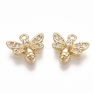 Brass Micro Pave Cubic Zirconia Charms, Bee, Clear, Nickel Free, Real 18K Gold Plated, 8.5x9.5x2mm, Hole: 1mm(KK-S350-081G)