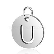304 Stainless Steel Charms, Flat Round with Letter, Stainless Steel Color, Letter.U, 12x1mm, Hole: 2.5mm(STAS-S105-T514S-U)