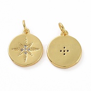 Brass Micro Pave Cubic Zirconia Pendants, Real 18K Gold Plated, with Jump Ring, Flat Round with Star Charms, Clear, 15x13x2mm, Jump Ring: 5x0.8mm, Inner Diameter: 3.2mm(KK-E068-VF046)
