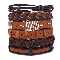 6Pcs 6 Style Adjustable Braided Imitation Leather Cord Bracelet Set with Waxed Cord for Men, Saddle Brown, Inner Diameter: 2~3-1/8 inch(5~8.2cm), 1Pc/style(BJEW-F458-10)