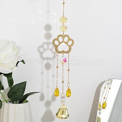 Faceted Glass Teardrop & Octagon Hanging Suncatcher, Iron Bell Wind Chime, with Jump Ring, Paw Print, 300x2mm, Hole: 10mm, Pendant: 210x40x24.5mm(HJEW-I010-02B)