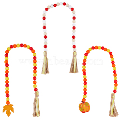 Natural Wood Beaded Pendant Decorations with Tassel Hemp Rope, for Halloween Party Decoration, Pumpkin & Maple Leaf, Mixed Color, 690~850mm, 3pcs/set(HJEW-AB00040)