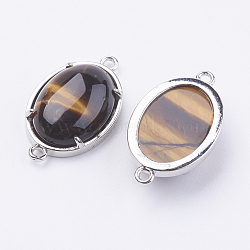 Brass Natural Tiger Eye Links connectors, Oval, Platinum, 15~15.5x25.5~26x6.5~7mm, Hole: 1.5~2mm(G-E398-03N)