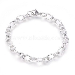 304 Stainless Steel Figaro Chain Bracelets, Textured, with Lobster Claw Clasps, Stainless Steel Color, 8-3/8 inch(21.4cm), 6.5mm(BJEW-P237-24P)