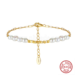 Natural Pearl Beaded Bracelet with 925 Sterling Silver Paperclip Chains, Real 14K Gold Plated, 6-3/4 inch(17.3cm)(BJEW-Z025-06G)