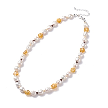 Natural Pearl Beaded Necklace, Handmade Flower Millefiori Glass Beads Necklace for Women, Silver, Goldenrod, 15.94 inch(40.5cm)