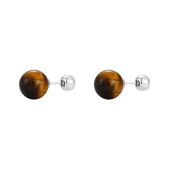 Natural Tiger Eye Round Ball Stud Earrings with Sterling Silver Pins for Women, 12mm