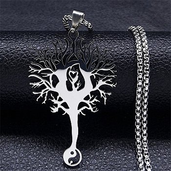 304 Stainless Steel Pendant Necklaces for Women Men, Tree of Life, Stainless Steel Color, 23.54 inch(59.8cm)