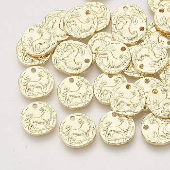 Alloy Charms, Flat Round with Lion, Light Gold, 12x2mm, Hole: 1.4mm