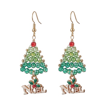 Glass Beads Braided Tree Dangle Earrings, Alloy Enamel Noel Christmas Long Drop Earrings for Women, Colorful, 60.5mm, Pin: 0.7mm