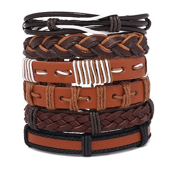 6Pcs 6 Style Adjustable Braided Imitation Leather Cord Bracelet Set with Waxed Cord for Men, Saddle Brown, Inner Diameter: 2~3-1/8 inch(5~8.2cm), 1Pc/style