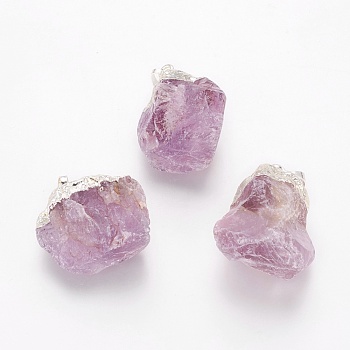 Natural Amethyst Pendants, with Brass Findings, Nuggets, Silver Color Plated, 30.5~38x20~30x14~21.5mm, Hole: 5x8mm